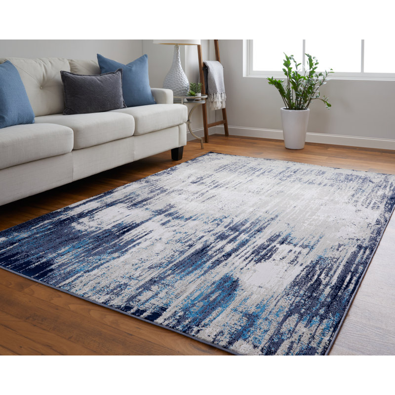 Tapis abstrait en polyester tissé à la machine en brun clair / bleu / ivoire, Rectangle 10 pi x 13 pi 2 po
