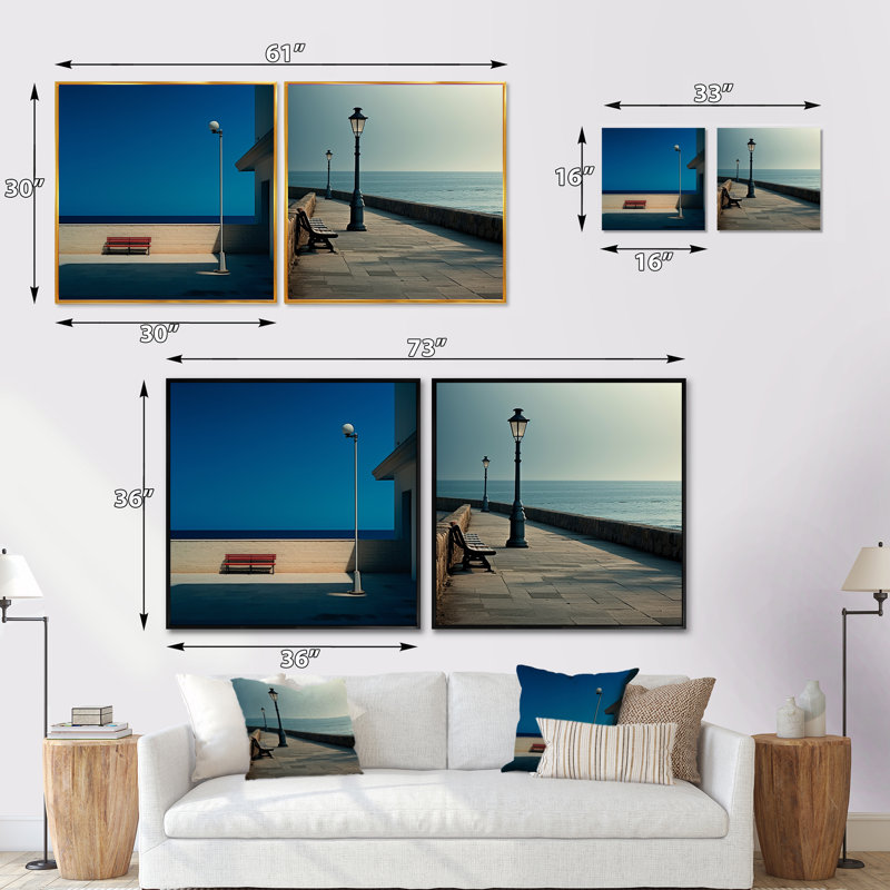 Banc à l'horizon de l'océan - ensemble de 2 collages carrés de bord de mer, Cadre flottant noir, H 16 po x l 33 po