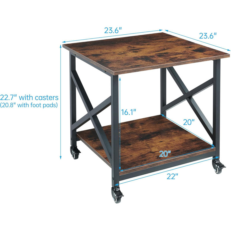 Large Printer Stand, 23.6 X 23.6 X 22.6 Inches Square Printer Table With Storage Shelf, 2 Tier Rolling Printer Cart With Industrial Wheels For Home Office - Rustic Brown