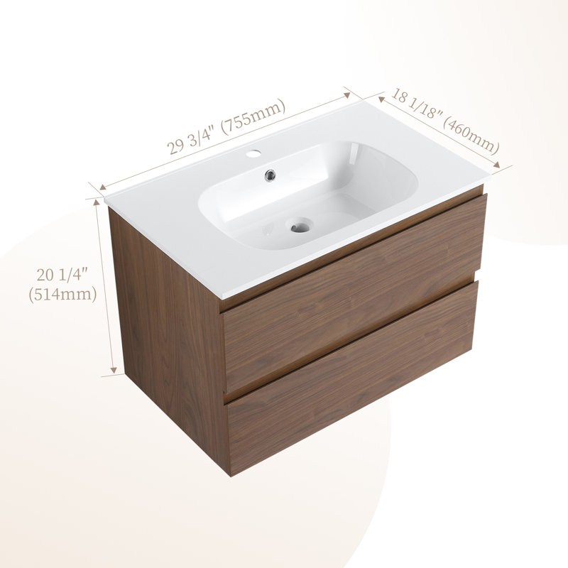 Ensemble de meuble-lavabo mural simple 30 po avec plateau en céramique Jahleah, Chêne brun