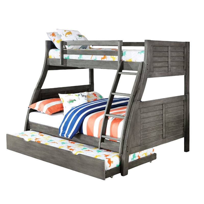 Lit simple superposé au dessus d'un lit double, transitionnel, finition grise, tête de lit à panneau en planches, réversible, garde-corps, bois massif, lit de chambre à coucher en étincelle transitionnelle, structure de style, bois utilitaire