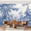 Papier peint adhésif auto-adhésif à motif de paysage de forêt bleu rétro avec adhésif mural pour salon, chambre à coucher H 69 po x l 96 po-129517858