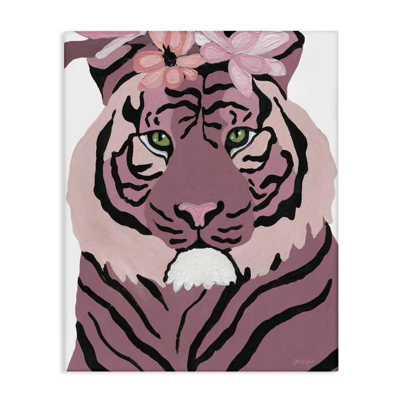 Tigre avec fleurs roses, art mural sur toile par Yvette St. Amant, H 20 po x l 16 po