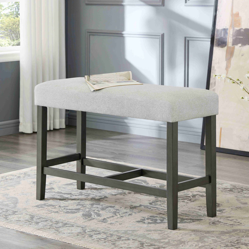 Banc en tissu à hauteur de comptoir avec structure en bois gris et repose-pieds en bois - sièges de salle à manger et de cuisine rembourrés