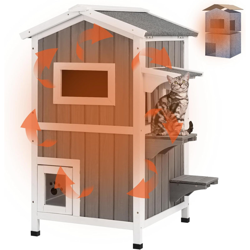 Insulated Outdoor Cat House, Weatherproof 2-Story Feral Shelter with Escape Doors, Grey