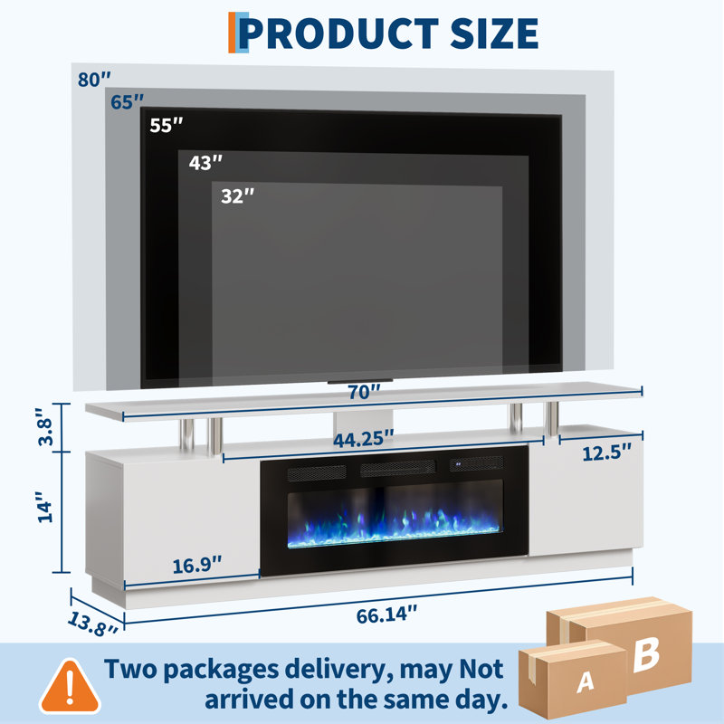 70" Fireplace TV Stand with 36" Electric Fireplace, 12 Colors LED Lights, 750W/1500W for Max 80" TV