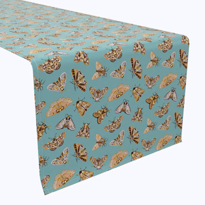 Table Runner, 100% Cotton, 16X108", Moths On Blue Background