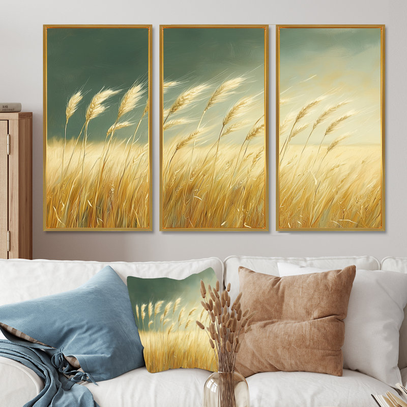 Vert doré blé - ensemble d'art mural ferme, H 28 po x l 36 po x P 1 po, Toile avec cadre flottant or