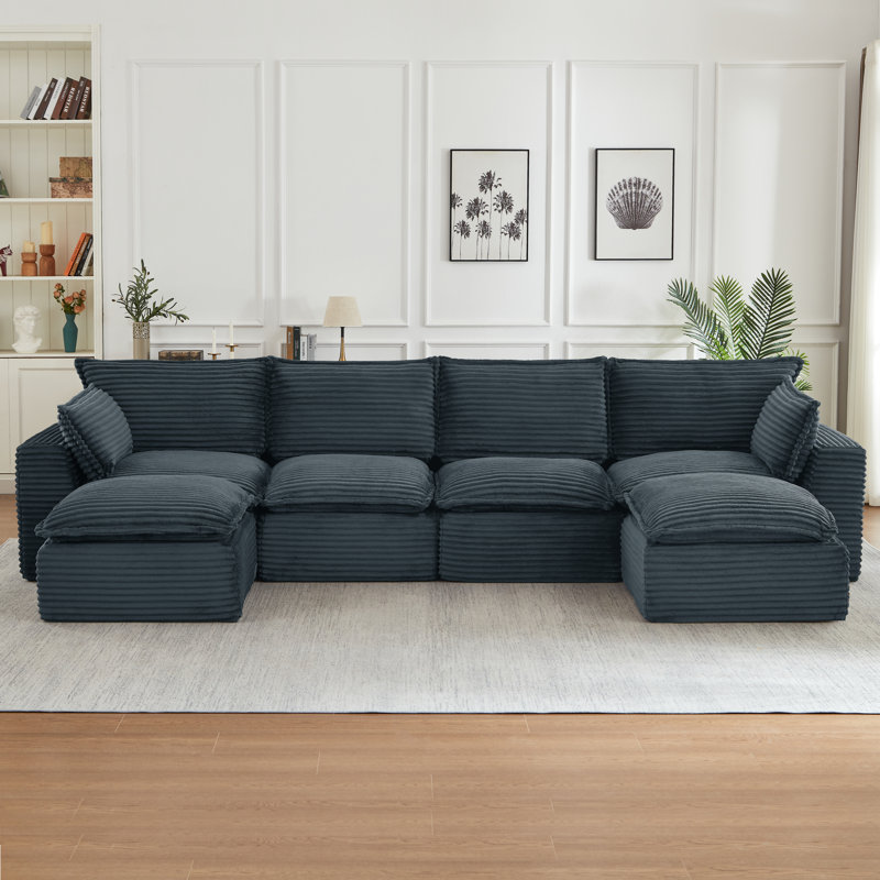 Canapé modulaire en velours côtelé à compression de 6 places de 140,5 po avec accoudoirs et repose-pieds Boneless