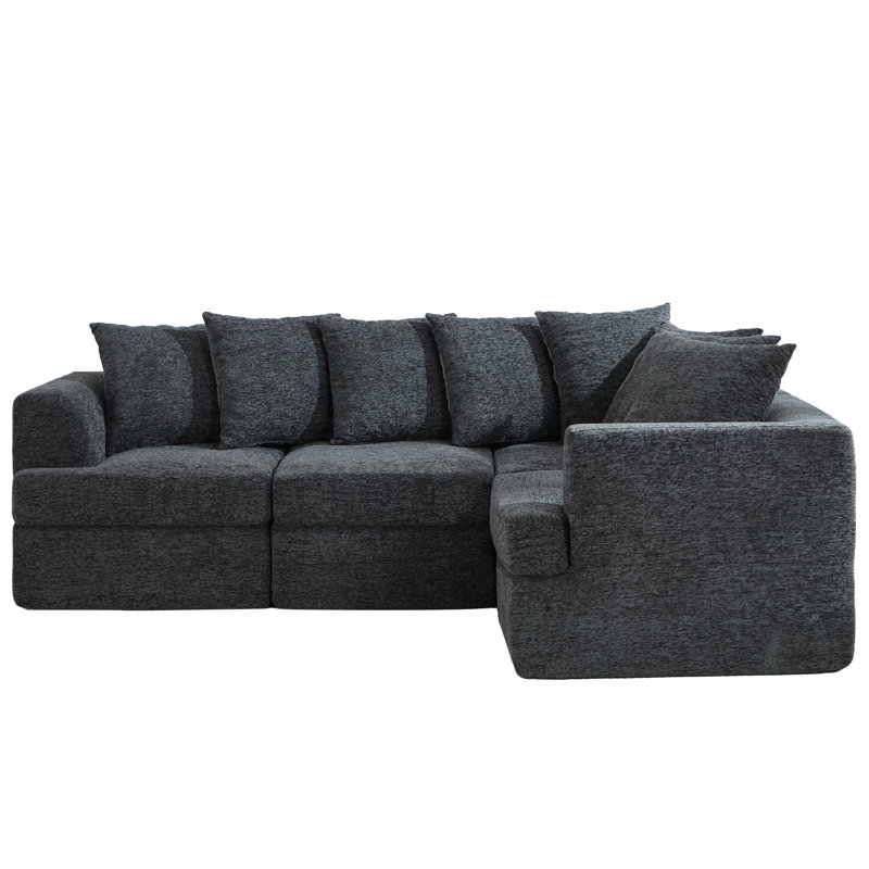 226cm L-Shape Gray Chenille Upholstered Modular Sectional Sofa with Armrests and Throw Pillows for Living Room