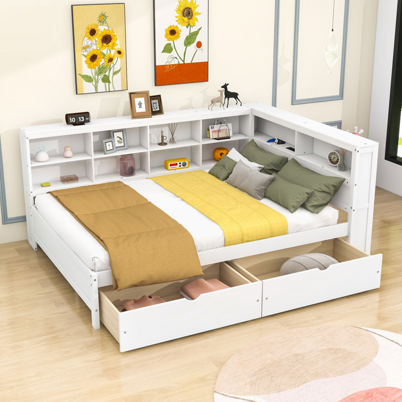 Lit de jour en bois avec ports de chargement USB, tiroirs et tablettes de rangement, Double, Blanc