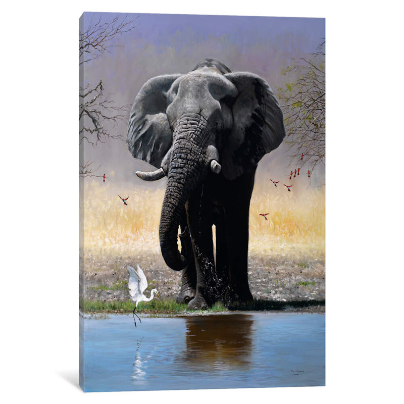 Elephant, Egret & Carmines by Pip McGarry - Print on Canvas, 101.6 cm H x 66.04 cm W x 1.91 cm D, No Frame