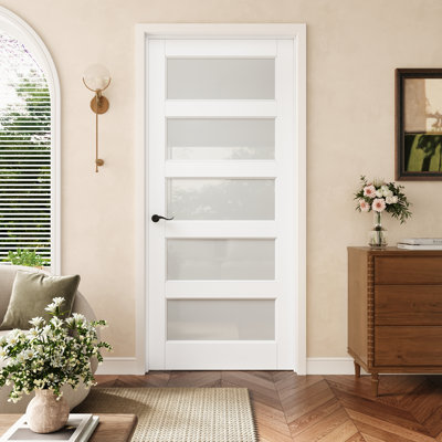 Porte pré-suspendue intérieure en verre givré 32 po x 80 po 5-Lite avec charnières noires, dalle de porte en verre avec cadre, porte intérieure comme porte de garde-manger, porte de chambre à coucher, porte de buanderie, portes de placard, portes de pièce, droite
