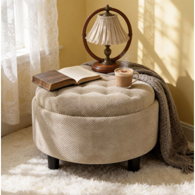 Repose-pieds de rangement de 25 pouces, repose-pieds rond, repose-pieds de table basse, table d'appoint en bois, pouf rembourré en tissu, petit meuble de rangement, rangement caché, décor de maison de campagne moderne, salon, chambre à coucher