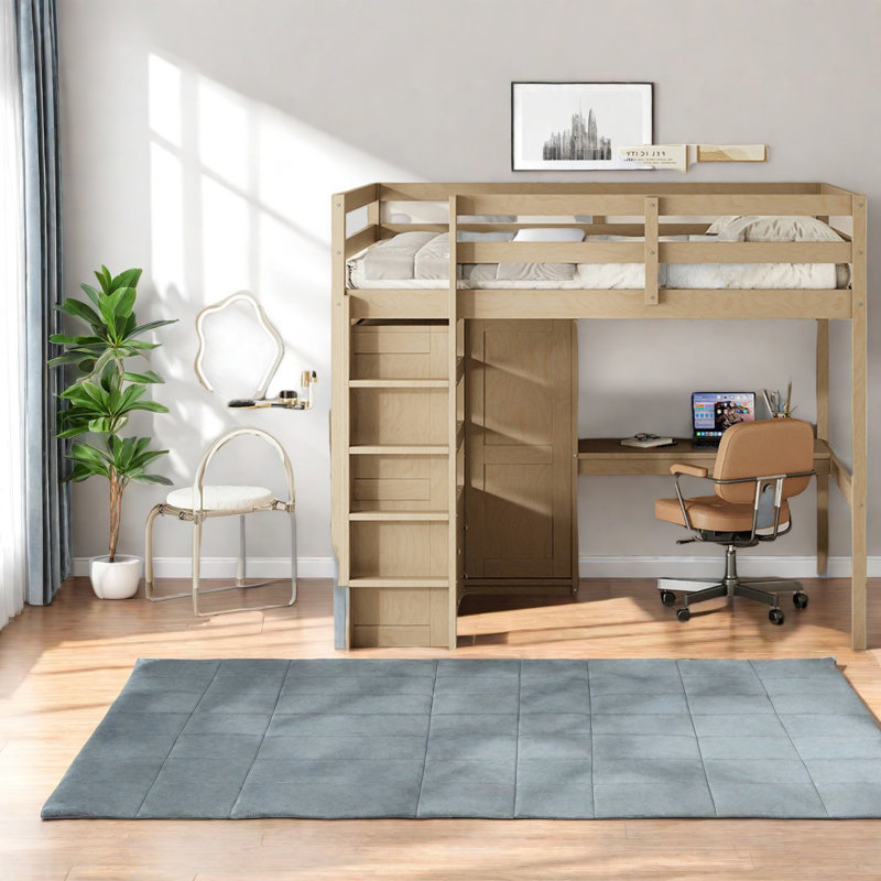 Lit mezzanine double en bois avec rangement et bureau, noyer moderne