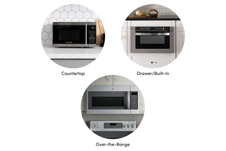 collage of different types of microwaves and where to put them: countertop, drawer, and over-the-range
