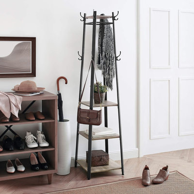 Portemanteau, portemanteau avec 3 tablettes, portemanteau autoportant avec crochets pour foulards, sacs, parapluies, structure en acier, style industriel, pour vestibule, salon
