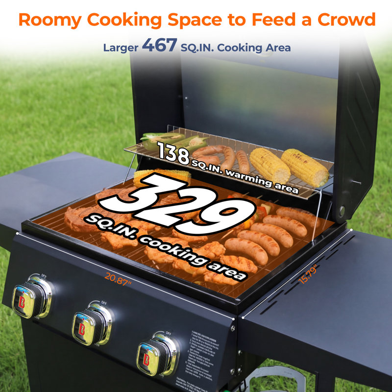 Flintex 3 Burner Propane Gas Grill, 27,000 BTU BBQ Grill with Side Table, Enameled Grate Lockable Casters 467 Sq.In Cooking Area for Outdoor Backyard Patio