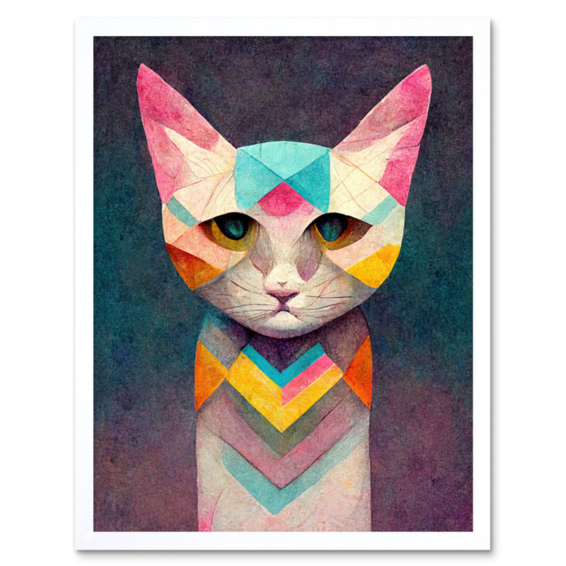 Geometric Colourful Multicoloured Pastel Cat - Painting, White Framed Paper, 25.9cm H x 20.6cm W
