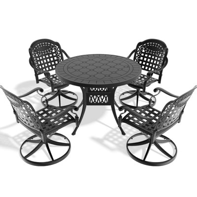 5 All-weather Aluminium Dining Up - 4 Swivel Chairs & 39.37" Round Table In Black, Modern Material, Comfortable Seating, Cushions Included Cast Ensemble Table, Graceful Lines,