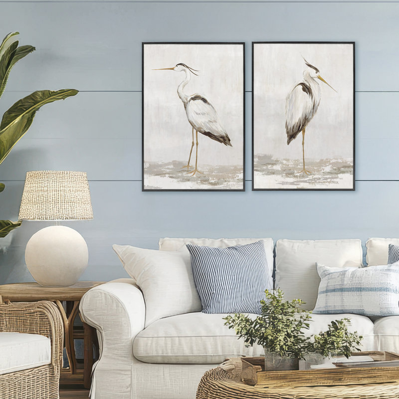 Seric Heron Birds, ensemble de 2 giclées encadrées, design par Hannah Dawson, H 30 po x l 40 po, Giclée encadrée noir minuit