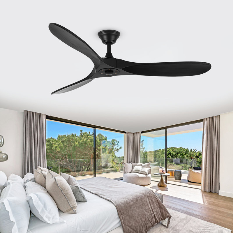 Solid Wood Ceiling Fan with  Remote, 132cm, Black