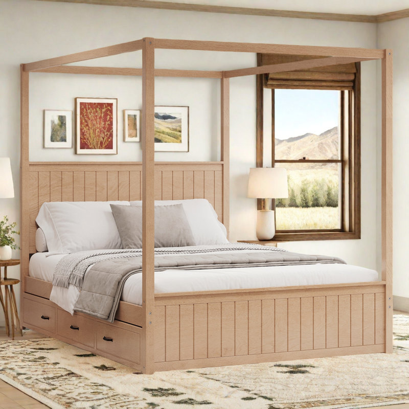 Canopy Platform Bed with Trundle and Three Storage Drawers, Natural
