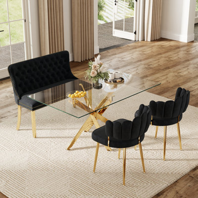 Ensemble de table de salle à manger en verre Baltimore, table de cuisine moderne en verre et chaises en velours, ensemble de table de salle à manger avec banc en velours pour la cuisine, les maisons et les appartements