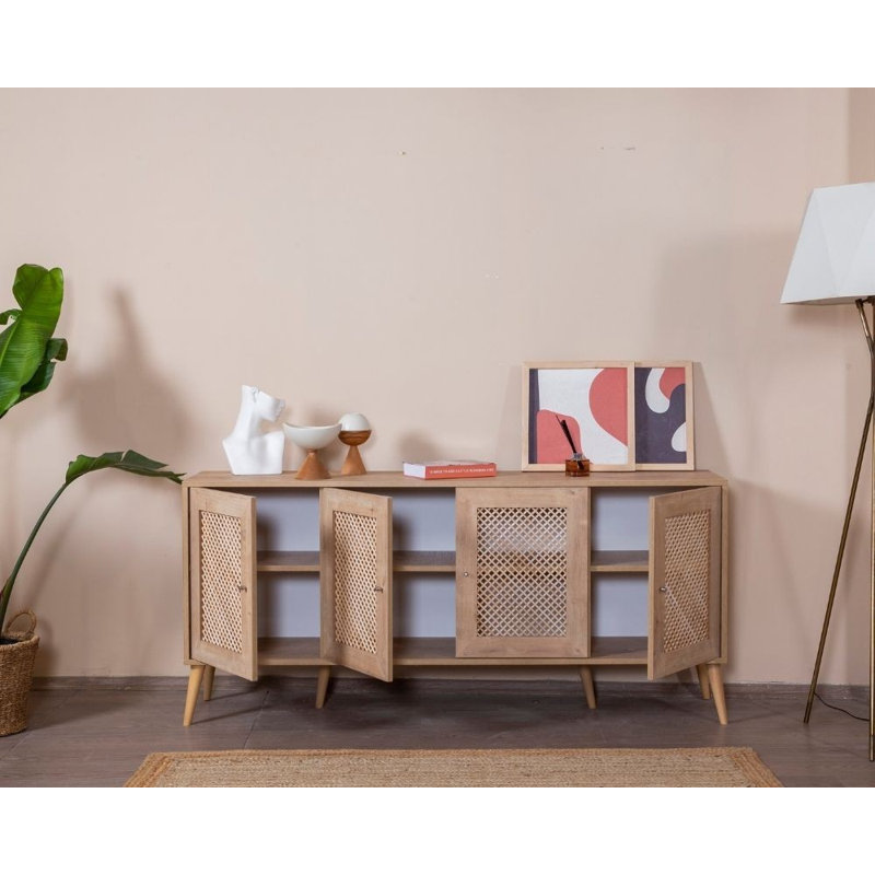 Console élégante en chêne avec portes à fermeture en douceur, 70,9 po x 31,5 po x 16,1 po | Structure robuste en aggloméré et panneau de fibres à densité moyenne enduit de mélamine | Conception murale avec plusieurs tablettes | Style scandinave géométrique pour maisons modernes