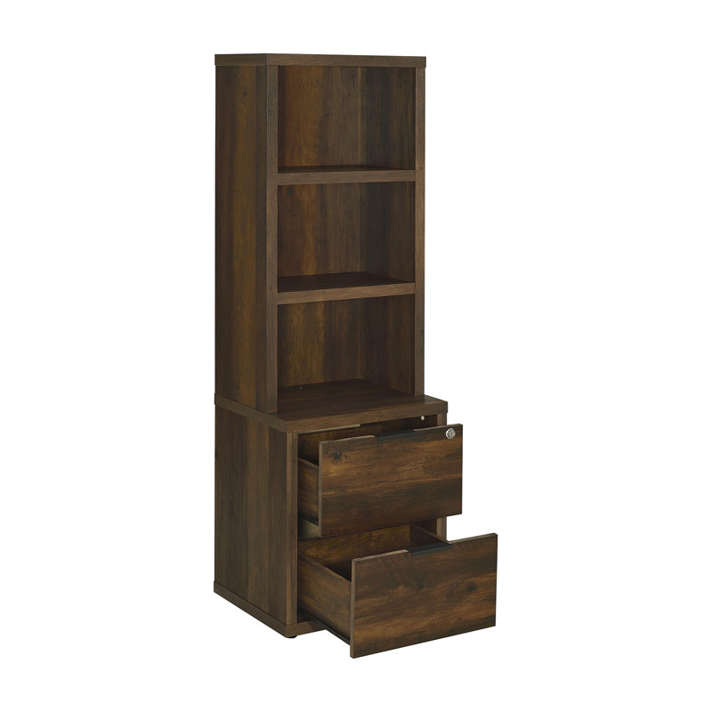 Bibliothèque 2 tiroirs et 3 tablettes ouvertes en bois de pin foncé, Pin foncé