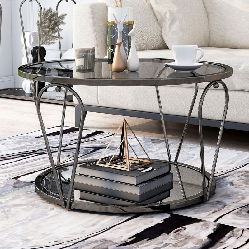 Table basse ronde avec dessus en verre 31,75 po Renea, Plateau gris/ base noire