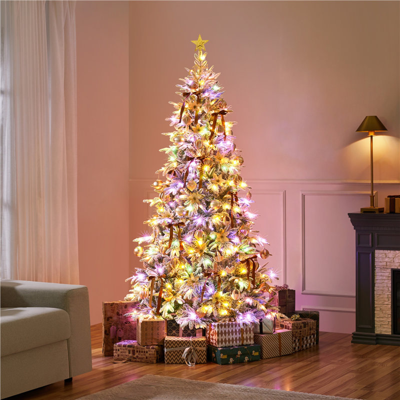 Pre-lit Snow Flocked Christmas Tree with Multicolored LED Lights of 9 Light Modes, 6'