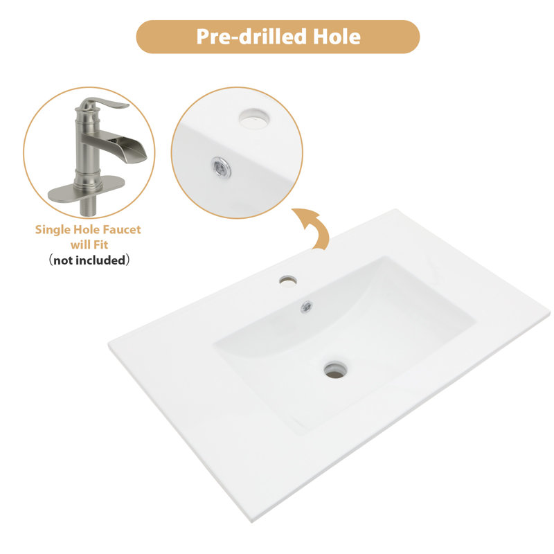 30 in. White Ceramic Rectangular Single Sink Bathroom Vanity Top