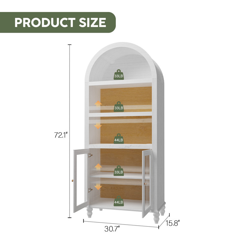 72" Arched Bookshelf with Adjustable Shelves, White