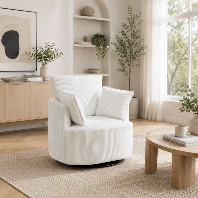 Fauteuil d'appoint moderne pivotant en tonneau avec revêtement en velours côtelé et coussins moelleux, Blanc