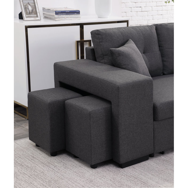 Canapé-lit modulaire réversible avec 2 tabourets Palice Renaissance Revival, 100 % lin gris foncé, Orienté à droite