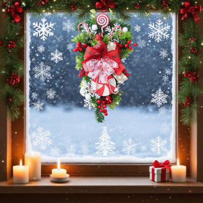 Christmas Candy Cane Wreath For Front Door Red White Xmas Teardrop Swag Decorations Christmas Garland With Ball Bow Ornaments For Indoor Outdoor Home Window Wall Hanging Pendant