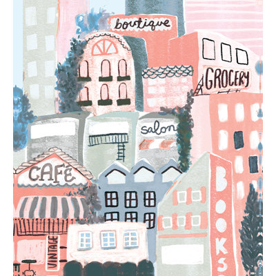 Paysage urbain rose et bleu marine - peinture sur toile tendue