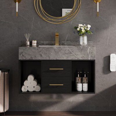 Chiverton 35'' Bathroom Vanity with Sink Modern Floating Wall-Mounted Black Vanity with Sintered Stone Undermount Sink