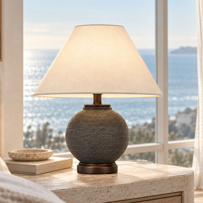 Lampe de table ronde moderne 1 lumière avec abat-jour en lin et base candélabre, céramique noire pour bureau à domicile