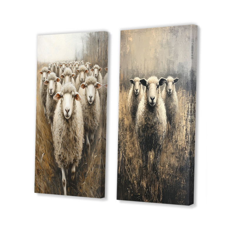 Minimalisme moutons Woolly Wanderers I - animaux, collection d'art mural 2 panneaux, Toile tendue, H 28 po x l 25 po