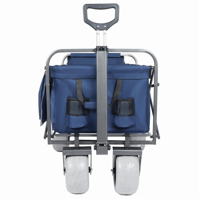 Chariot de plage avec de grandes roues pour le sable, capacité de 500 lb - Conception brevetée, chariot tout terrain à structure en acier avec pneus pneumatiques de 9 po, conception pliable pliable, sangle avec sac multiusage, bleu foncé