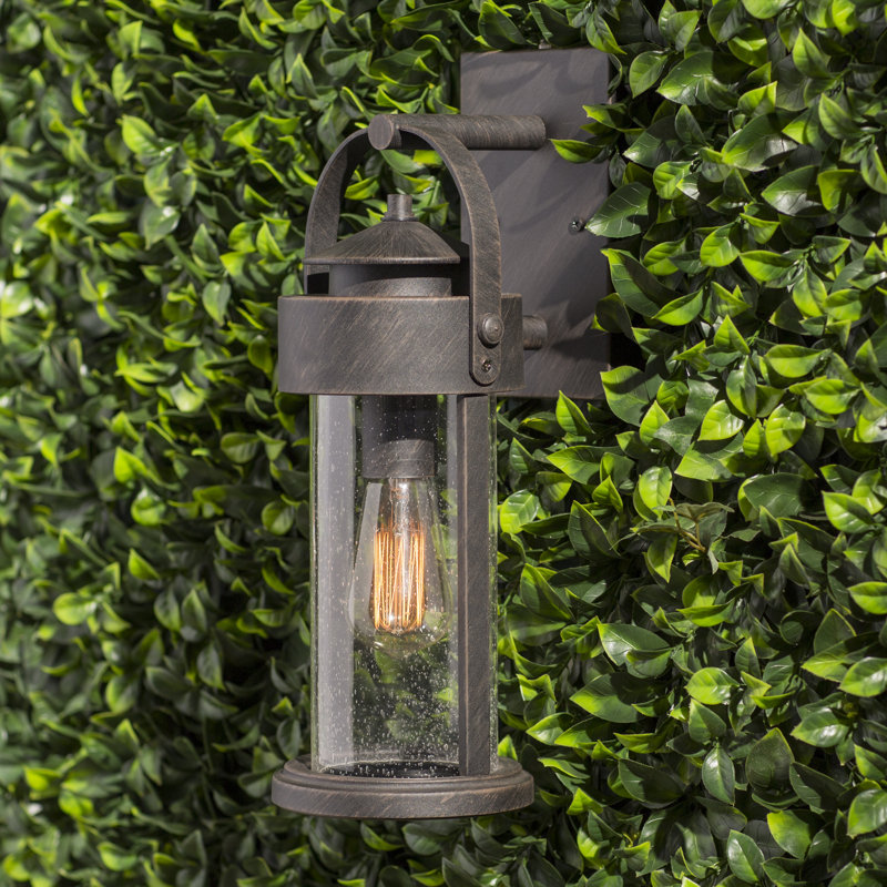 Ekansh 16.25 in. H 1-Light Rust Iron Dusk to Dawn Sensor Rustic Outdoor Wall Sconce, Durable Steel, Clear Seeded Glass Shade, LED Compatible for Exterior Porch Patio Front Door or Garage