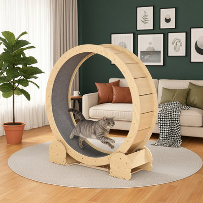 Cat Exercise Wheel – 46" Running Treadmill For Indoor Cats, Natural Wood Colour