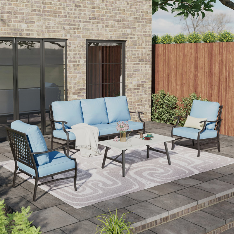 Asfand 5-7- Person Patio Conversation Set with Optional Ottoman, Blue, No