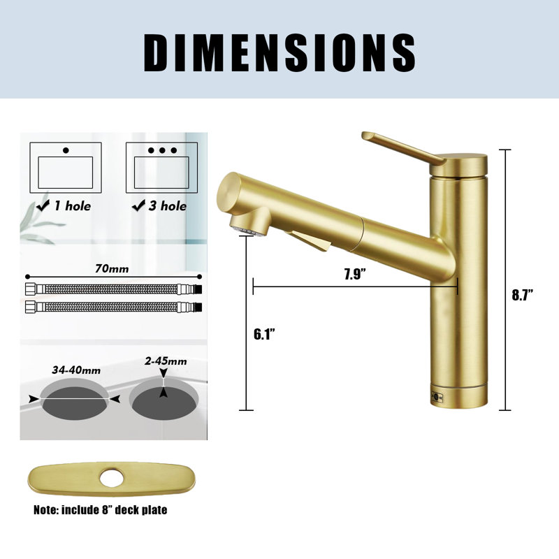 Low Profile Kitchen Faucet With Pull-Out Spray Nozzle, Single Handle, Short Kitchen Faucet, Low Arc Faucet, Brushed Gold