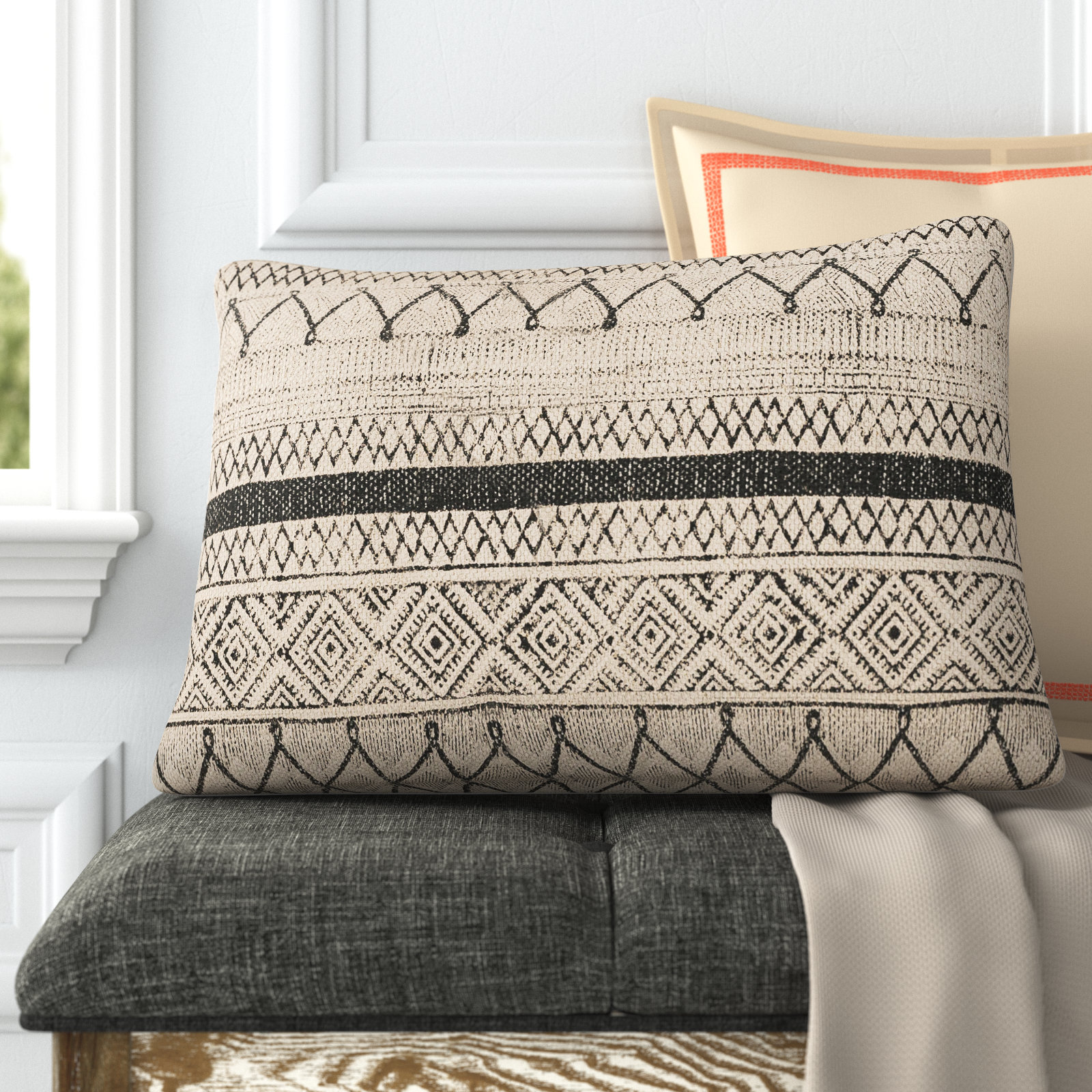 Zetta Geometric Cotton Lumbar Throw Pillow, Down, Light Beige/Black