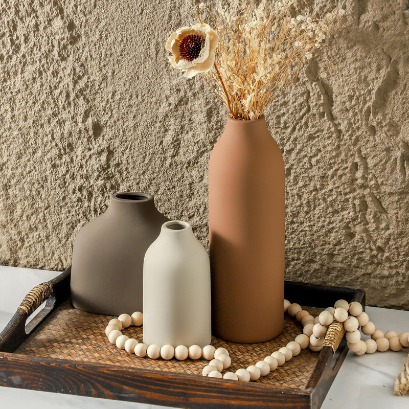 Ceramic Vase Set Of 3, Modern Farmhouse Decor For Home, Rustic Boho Flower Vases For Pampas Grass, Dried Or Fresh Flowers, Versatile Centerpiece For Living Room, Bedroom, Bookshelf Or Table
