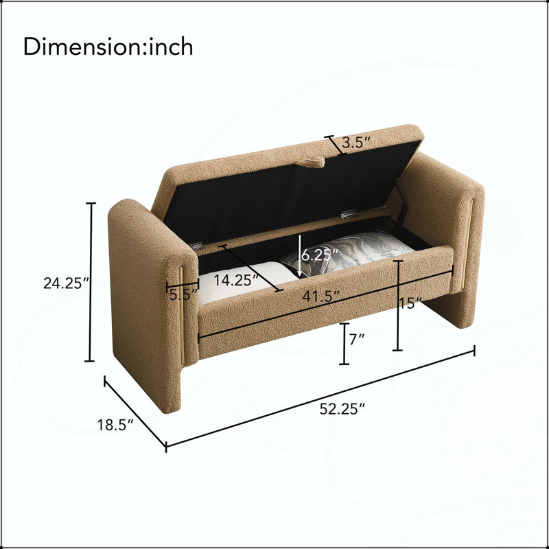 Banc de rangement en tissu avec accoudoirs 52,3 po, Café