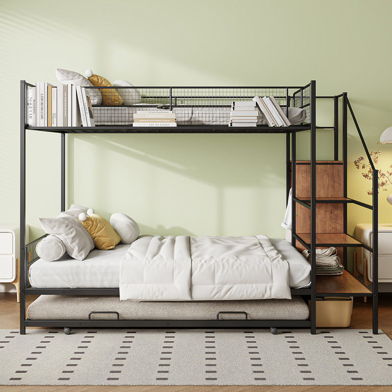 Twin Over Full Metal Bunk Bed with Trundle and Lateral Storage Ladder and Wardrobe, Black
